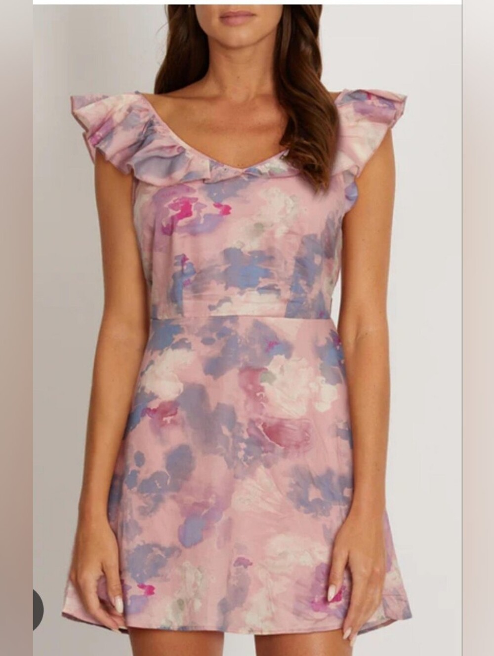 NWT Wildfox Pink and Lavender Watercolor Ruffle-Shoulder Mini Dress, Size L